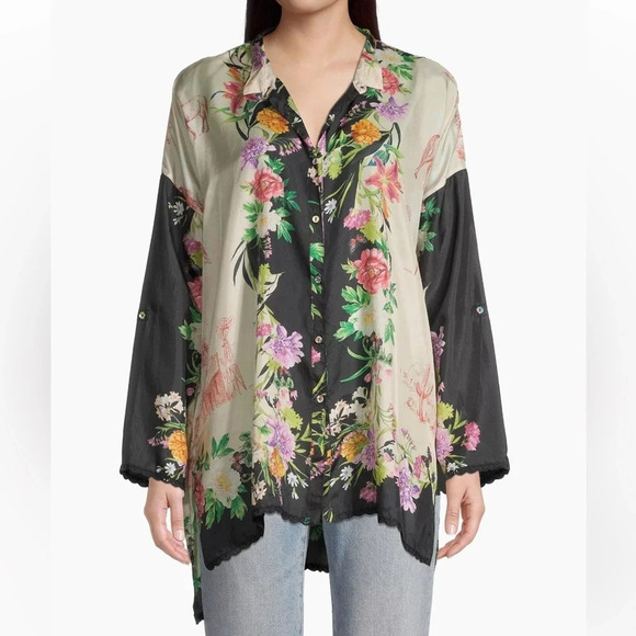 Johnny Was Elianna Printed Silk Blouse Black Floral - Picture 1 of 6